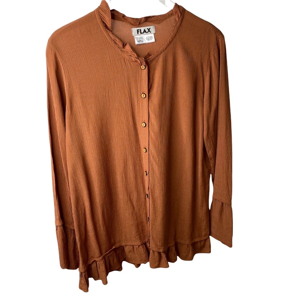 Flax Ruffle Brown Gauze Button Down Long Sleeve Peasant Blouse Small